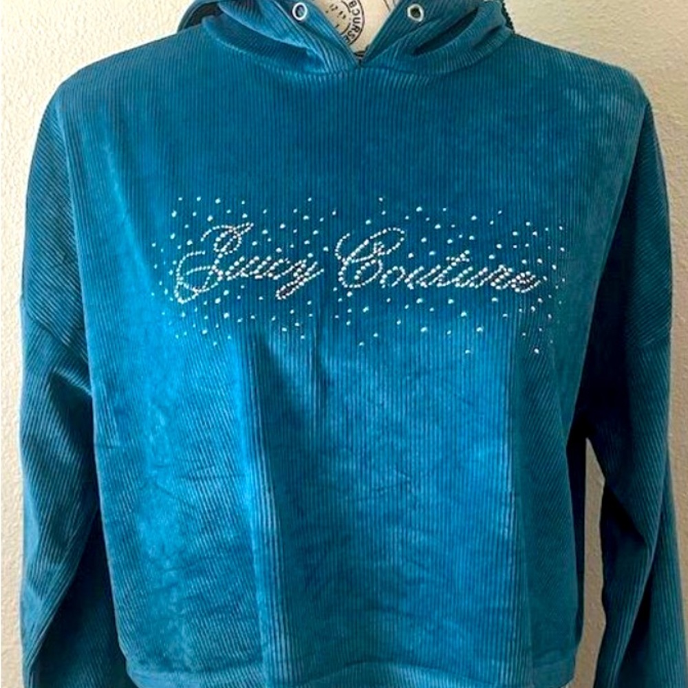 Juicy Couture Women's Teal Cropped Hoodie Rhinestone Accents Size M
